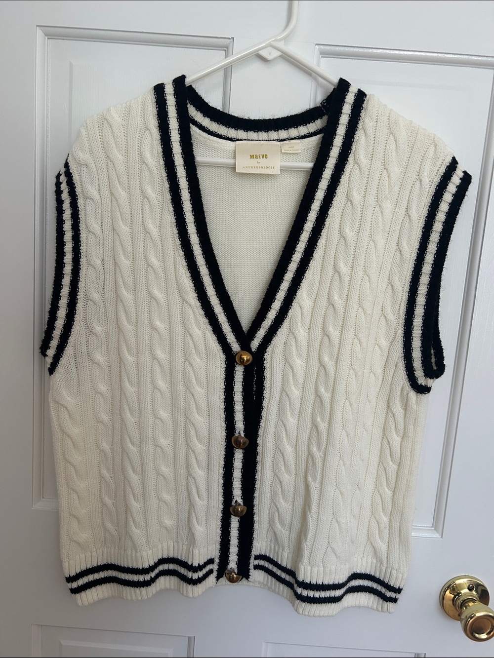 Maeve Cream Cable-Knit V-Neck Sweater Vest with Black Trim
